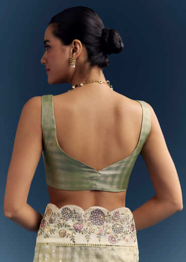 Pista Green Tissue Organza Woven Saree With Heavy Hand Embroidery Pista Green Tissue Organza Woven Saree With Heavy Hand Embroidery