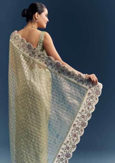 Pista Green Tissue Organza Woven Saree With Heavy Hand Embroidery Pista Green Tissue Organza Woven Saree With Heavy Hand Embroidery