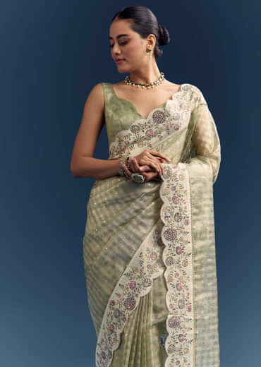 Pista Green Tissue Organza Woven Saree With Heavy Hand Embroidery Pista Green Tissue Organza Woven Saree With Heavy Hand Embroidery