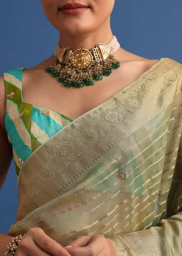 Pista Green Tissue Saree With Gota Patti And Zari Work And Lehriya Blouse