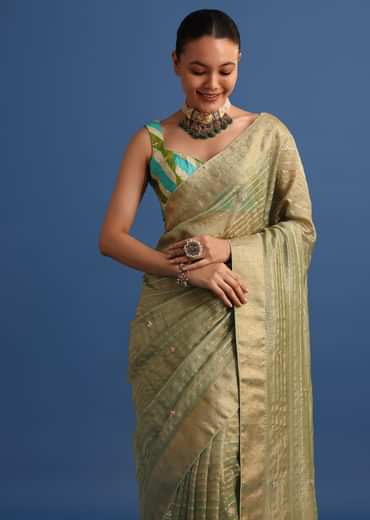 Pista Green Tissue Saree With Gota Patti And Zari Work And Lehriya Blouse