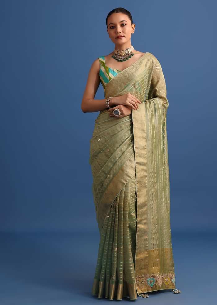 Pista Green Tissue Saree With Gota Patti And Zari Work And Lehriya Blouse
