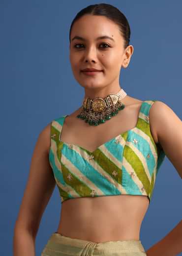 Pista Green Tissue Saree With Gota Patti And Zari Work And Lehriya Blouse