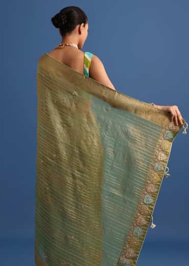 Pista Green Tissue Saree With Gota Patti And Zari Work And Lehriya Blouse