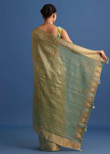 Pista Green Tissue Saree With Gota Patti And Zari Work And Lehriya Blouse