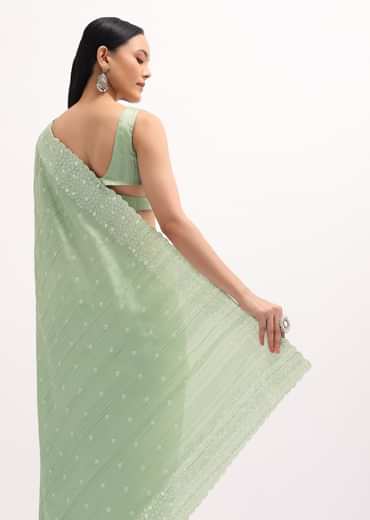 Pista Green Tussar Saree With Unstitched Blouse