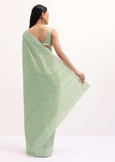 Pista Green Tussar Saree With Unstitched Blouse
