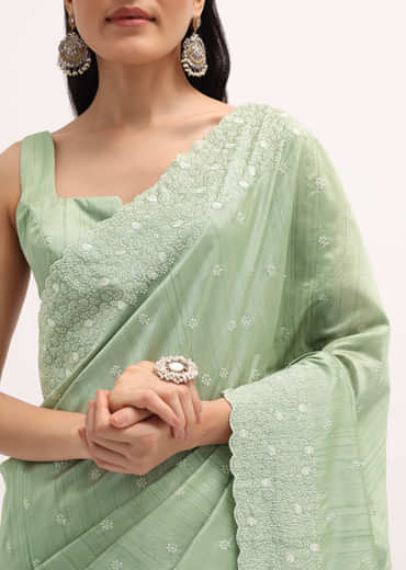 Pista Green Tussar Saree With Unstitched Blouse