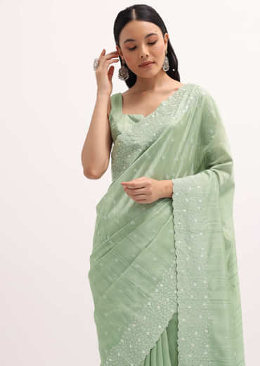Pista Green Tussar Saree With Unstitched Blouse