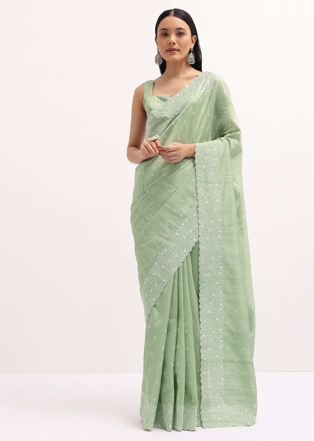 Pista Green Tussar Saree With Unstitched Blouse