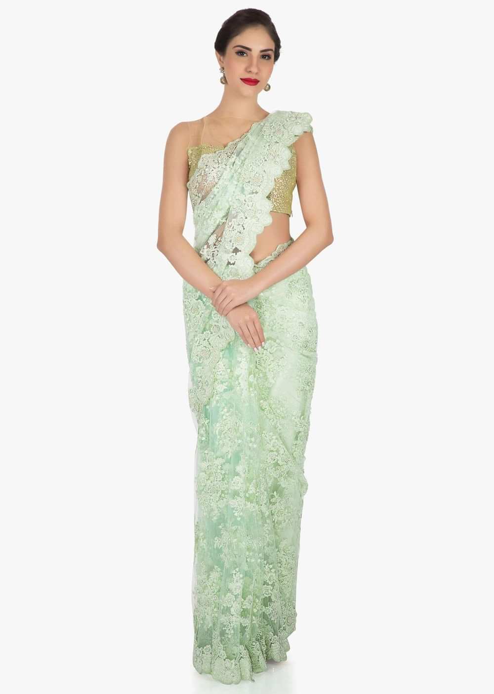 Pista green saree in embroidered net crafted in resham and moti embroidered work only on Kalki - KALKI Fashion India