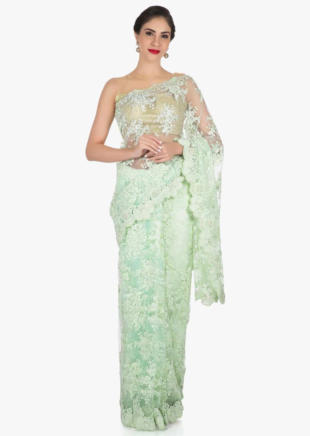 Pista green saree in embroidered net crafted in resham and moti embroidered work only on Kalki - KALKI Fashion India