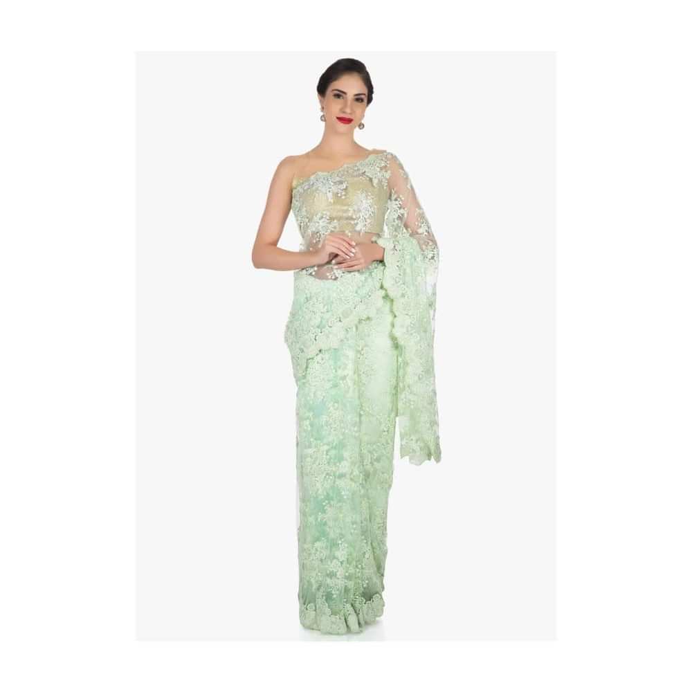Pista green saree in embroidered net crafted in resham and moti embroidered work only on Kalki - KALKI Fashion India