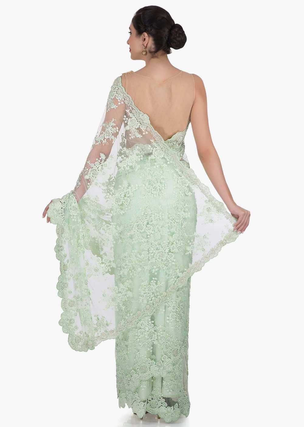 Pista green saree in embroidered net crafted in resham and moti embroidered work only on Kalki - KALKI Fashion India