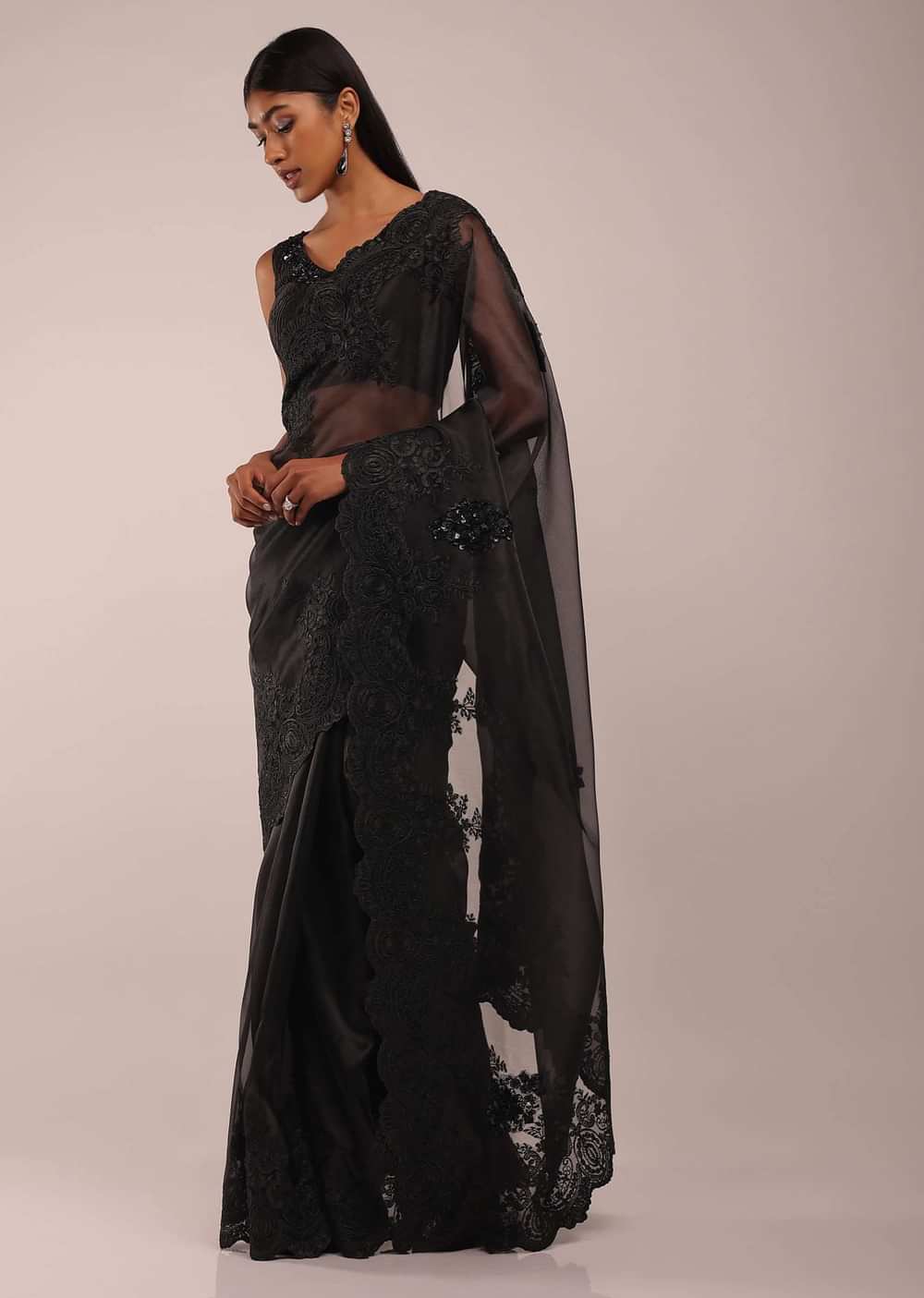 Pitch Black Organza Saree In Lucknowi 3D Floral Buttis In Tissue Organza With The Scalloped Cutwork On The Pallu Border