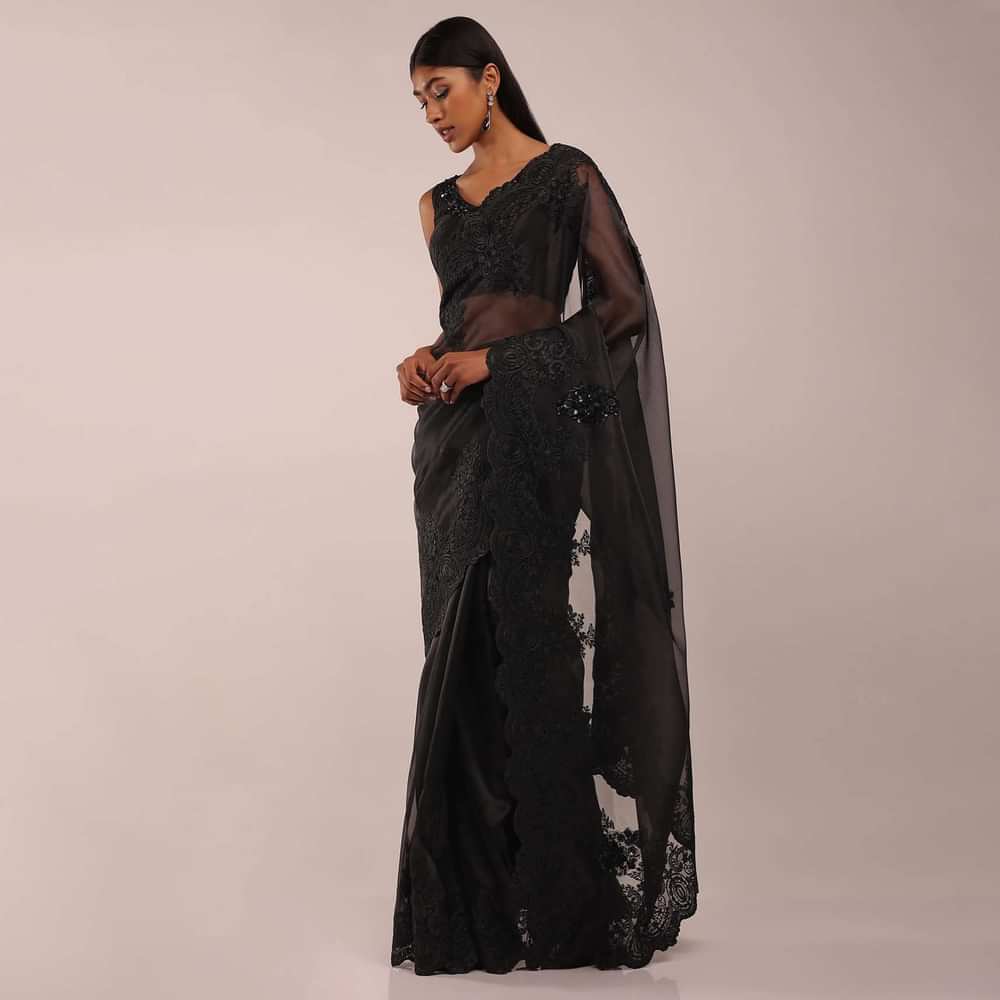 Pitch Black Organza Saree In Lucknowi 3D Floral Buttis In Tissue Organza With The Scalloped Cutwork On The Pallu Border