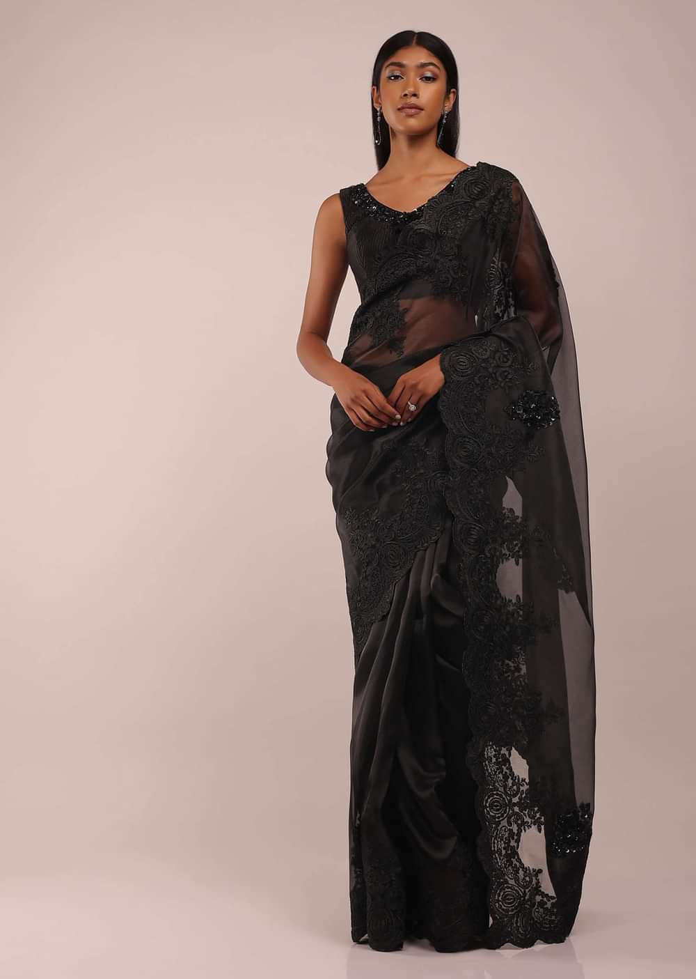 Pitch Black Organza Saree In Lucknowi 3D Floral Buttis In Tissue Organza With The Scalloped Cutwork On The Pallu Border