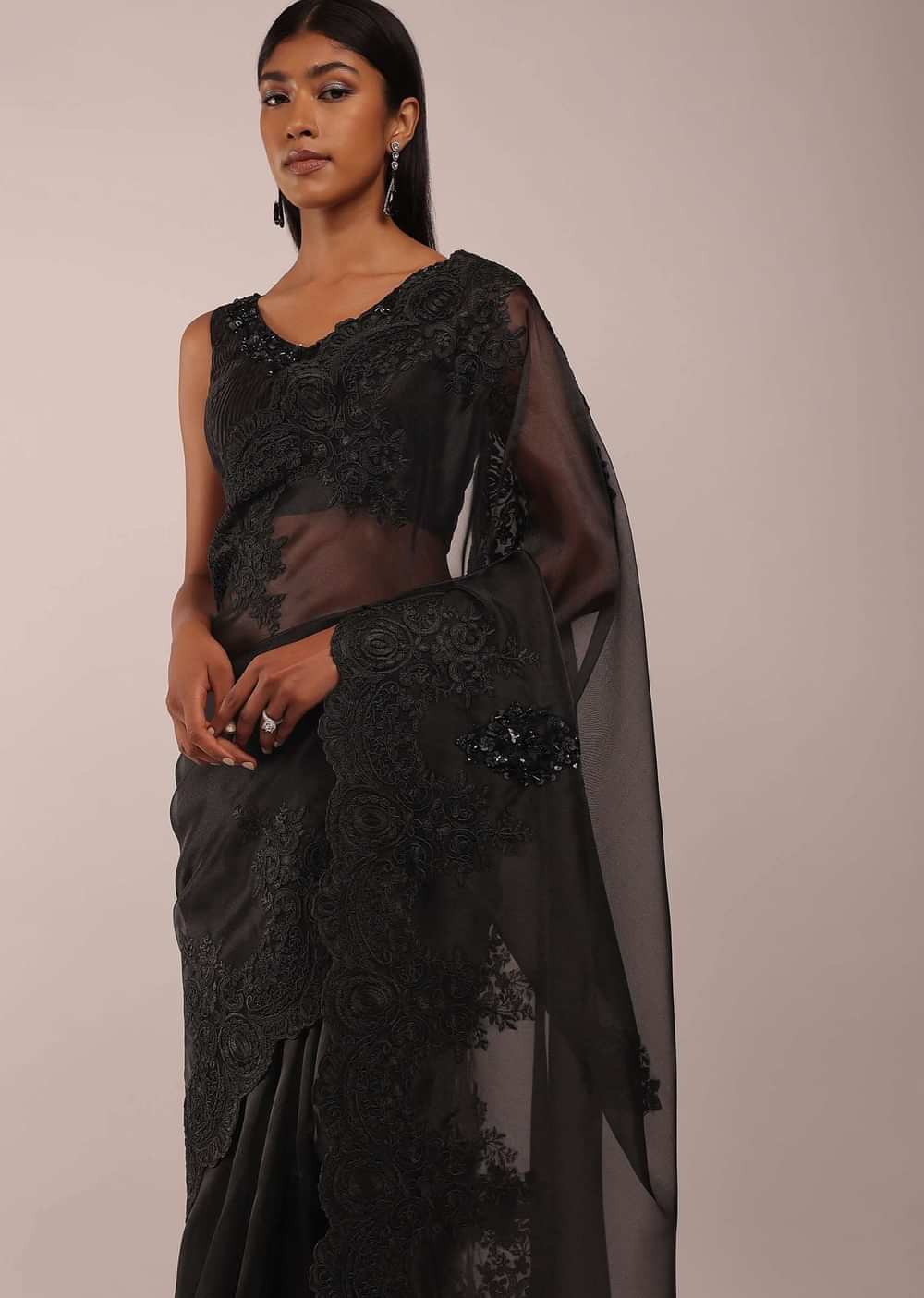 Pitch Black Organza Saree In Lucknowi 3D Floral Buttis In Tissue Organza With The Scalloped Cutwork On The Pallu Border