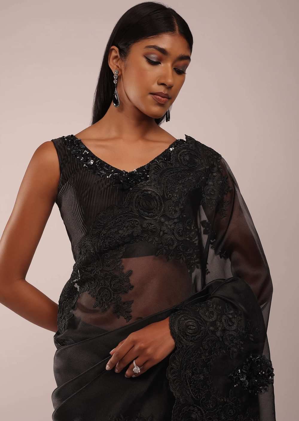 Pitch Black Organza Saree In Lucknowi 3D Floral Buttis In Tissue Organza With The Scalloped Cutwork On The Pallu Border