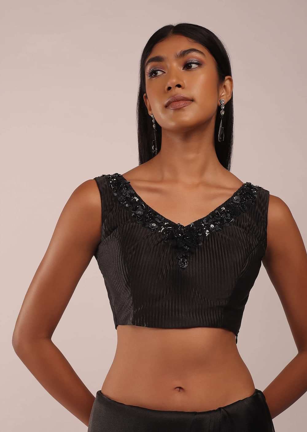 Pitch Black Organza Saree In Lucknowi 3D Floral Buttis In Tissue Organza With The Scalloped Cutwork On The Pallu Border