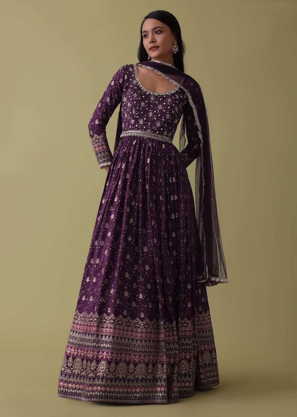 Plum Purple Anarkali Suit Set In Silk With Bandhani Print And Brocade Weave