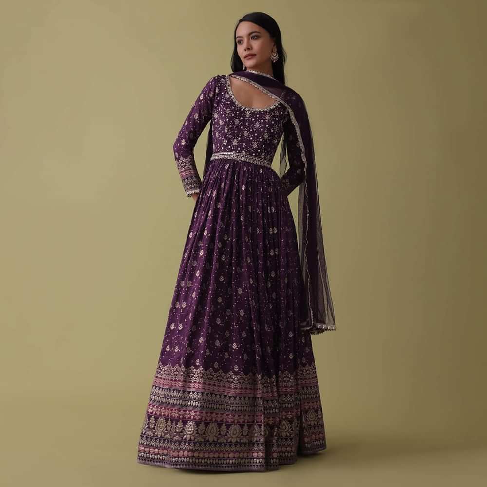 Plum Purple Anarkali Suit Set In Silk With Bandhani Print And Brocade Weave
