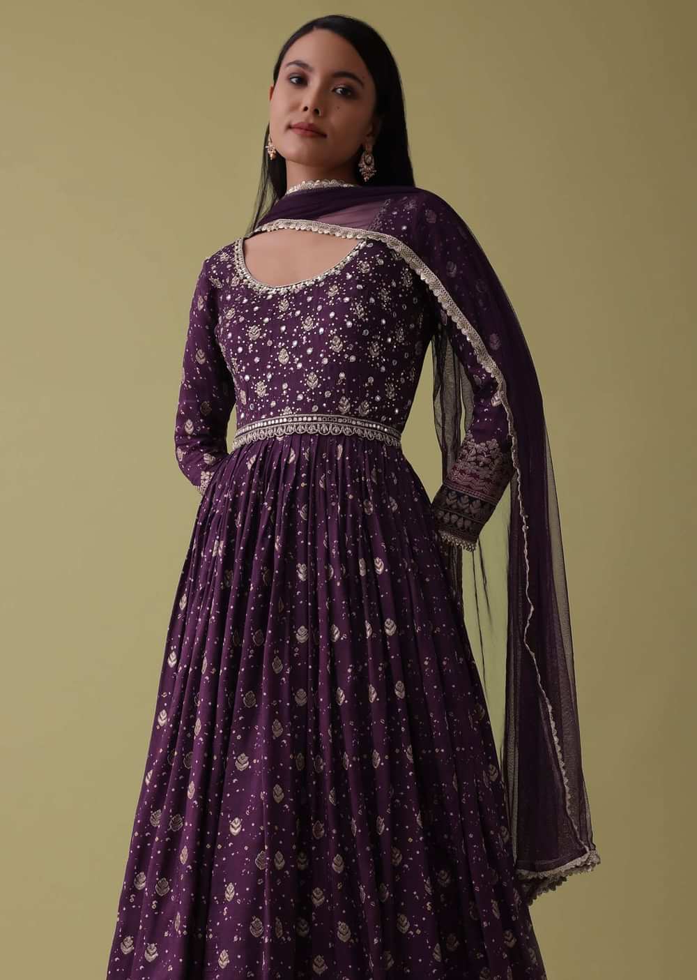 Plum Purple Anarkali Suit Set In Silk With Bandhani Print And Brocade Weave
