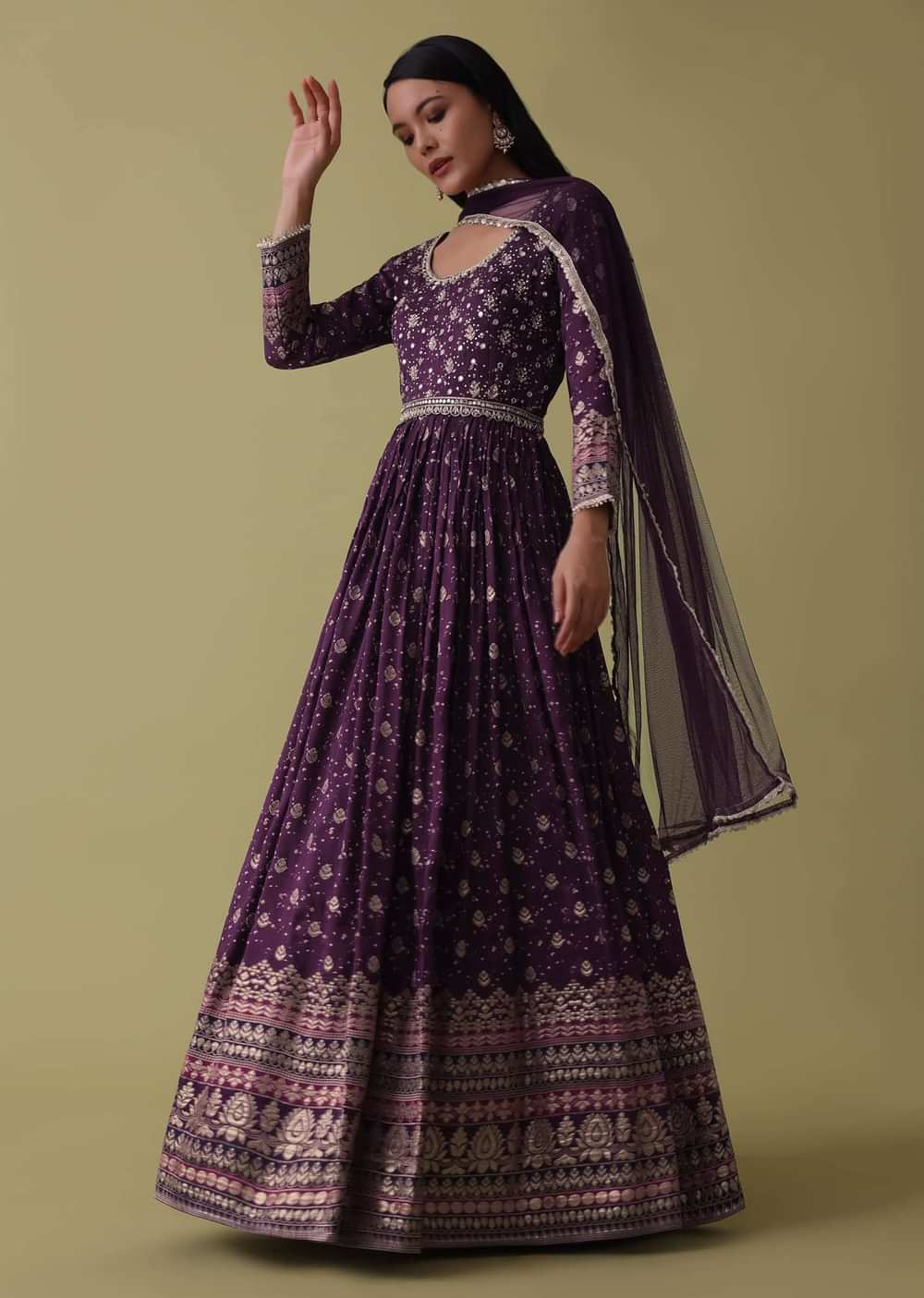 Plum Purple Anarkali Suit Set In Silk With Bandhani Print And Brocade Weave