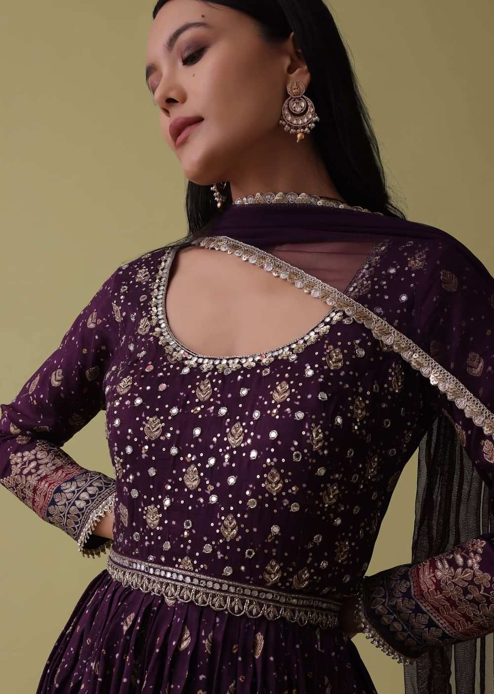 Plum Purple Anarkali Suit Set In Silk With Bandhani Print And Brocade Weave