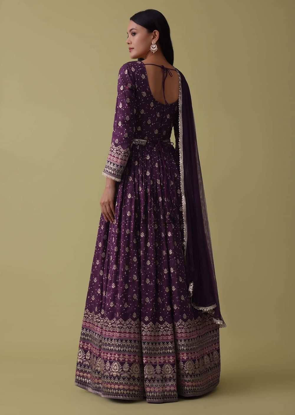Plum Purple Anarkali Suit Set In Silk With Bandhani Print And Brocade Weave