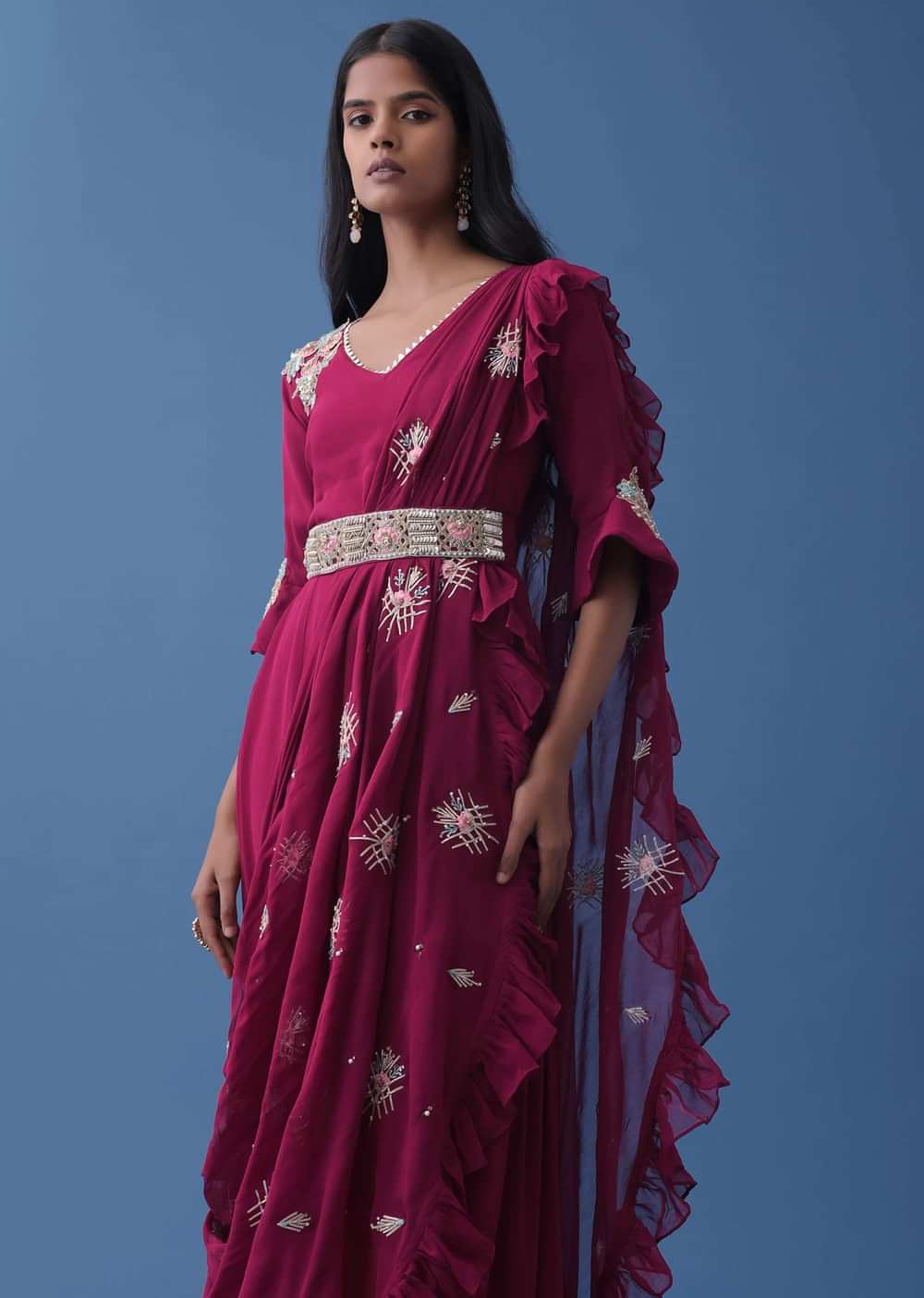 Plum Purple Embroidered Dress And Multiway Draped Dupatta In Georgette