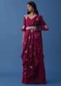 Plum Purple Embroidered Dress And Multiway Draped Dupatta In Georgette
