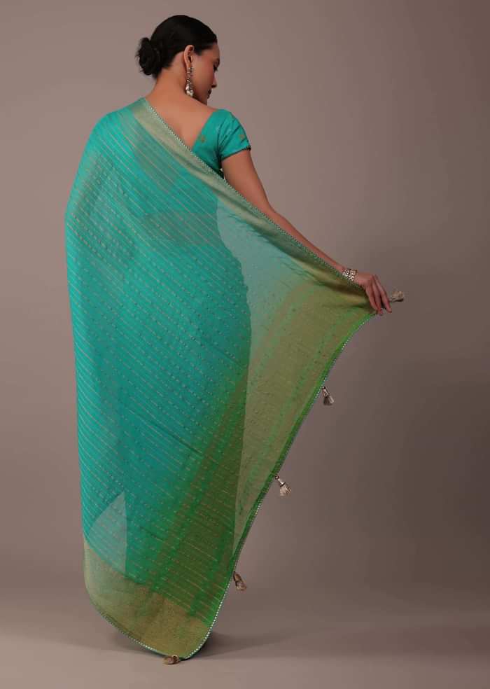Poison Green Woven Ombre Saree In Organza