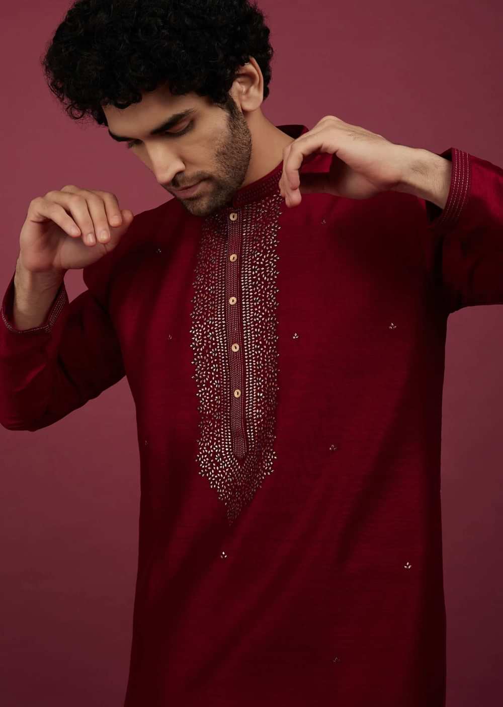 Blood Red Silk Kurta Set In Leather Work On Yoke