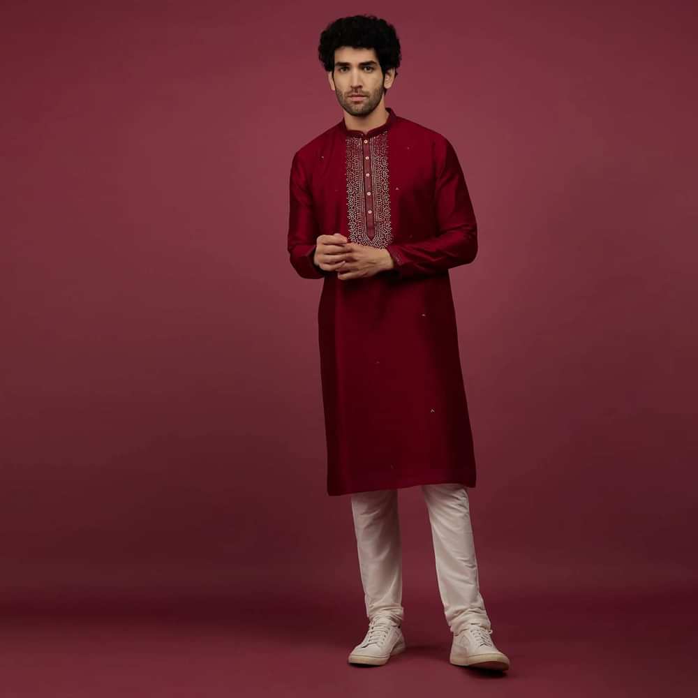 Blood Red Silk Kurta Set In Leather Work On Yoke