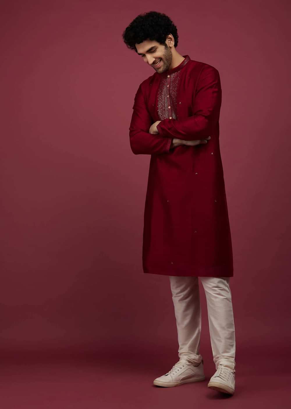 Blood Red Silk Kurta Set In Leather Work On Yoke