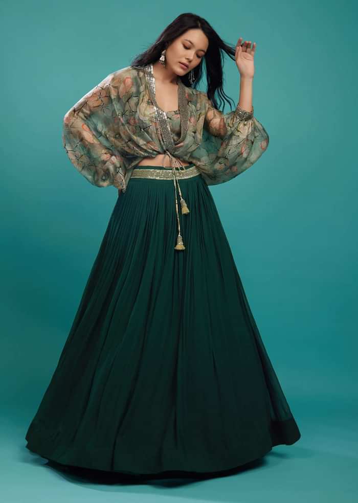 Deep Green Skirt And Printed Shrug Top