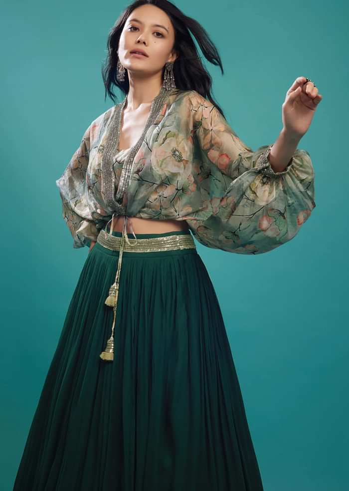 Deep Green Skirt And Printed Shrug Top