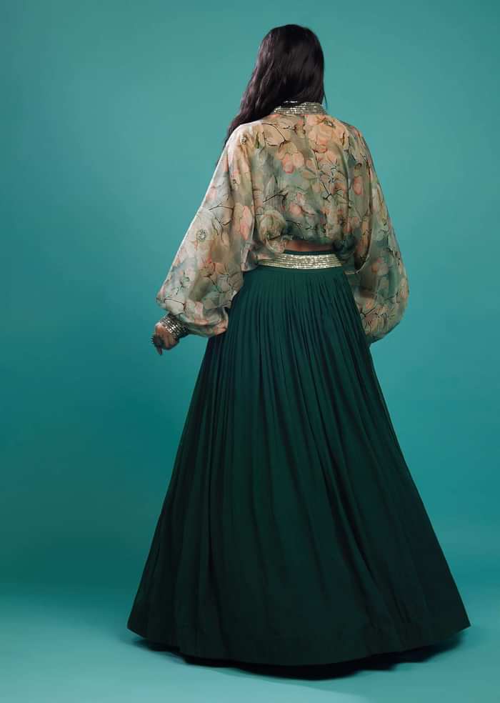 Deep Green Skirt And Printed Shrug Top