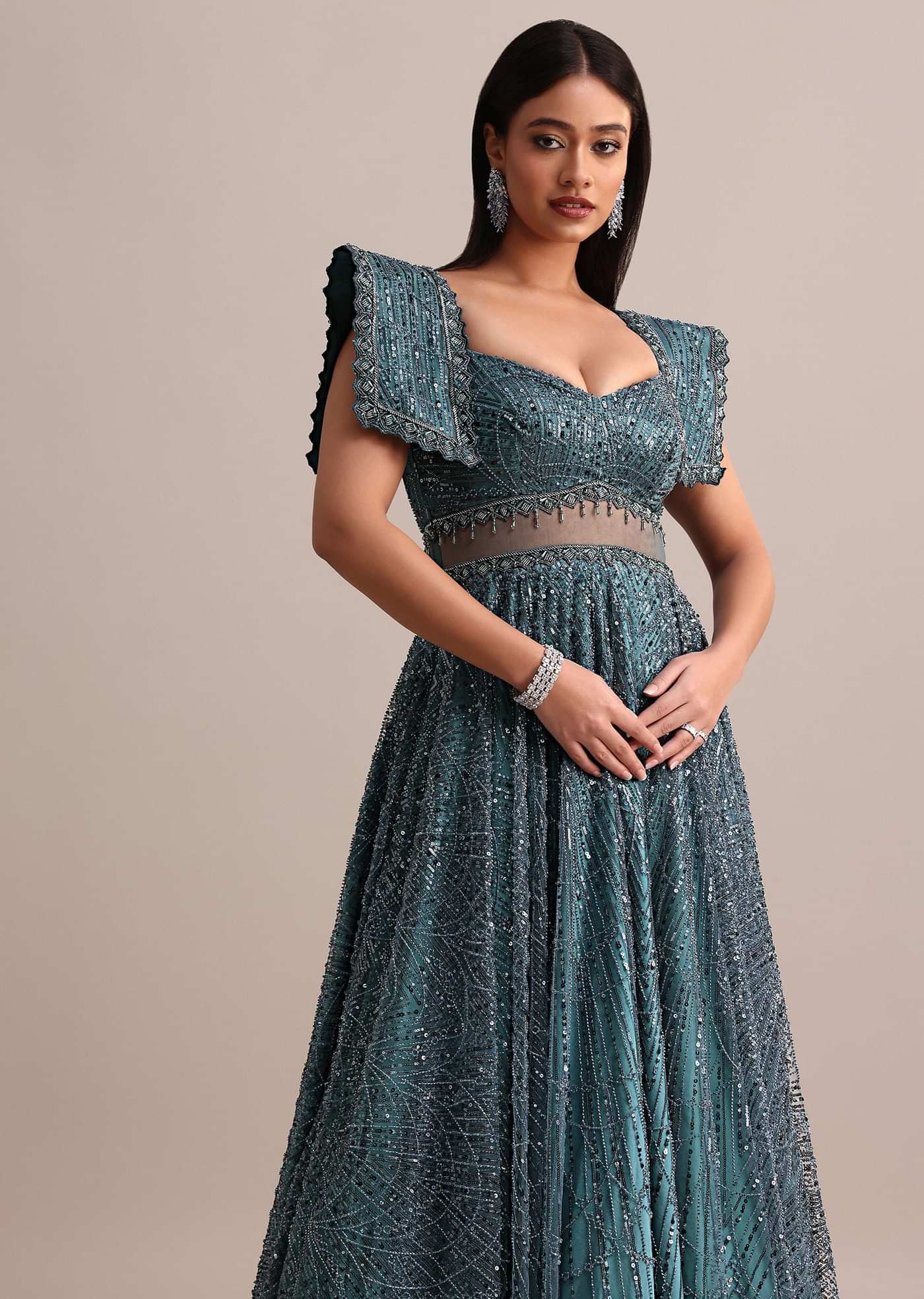 Poseidon Teal Circular Flared Gown With Fancy Sleeves