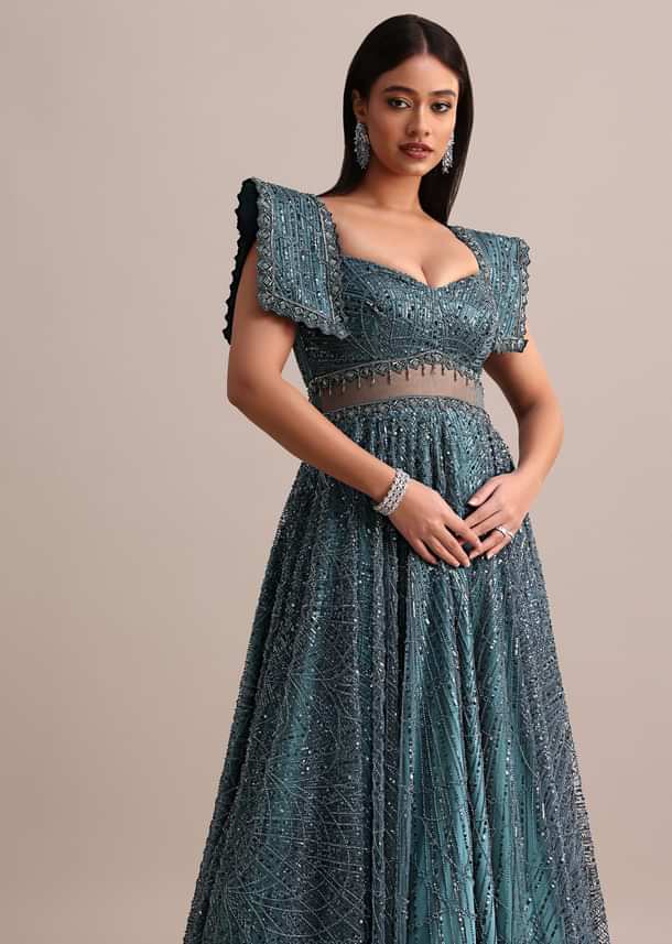 Poseidon Teal Circular Flared Gown With Fancy Sleeves