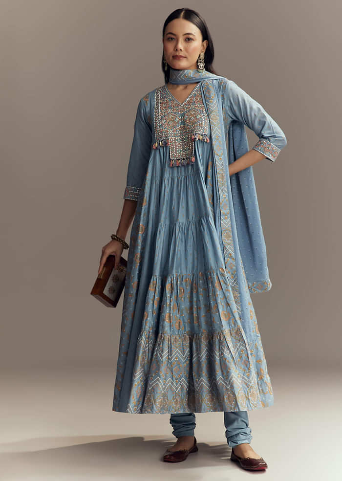 Powder Blue Chanderi Printed Anarkali Suit With Resham Work