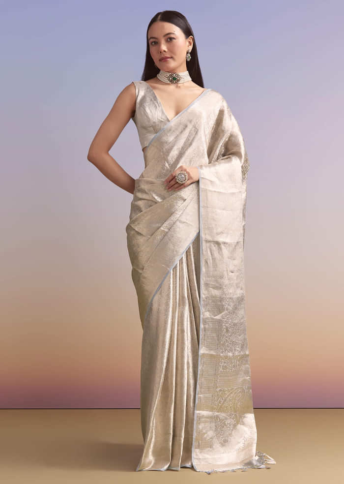 Powder Blue Chanderi Silk Woven Saree With Zari Embroidery