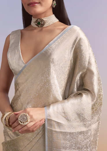 Powder Blue Chanderi Silk Woven Saree With Zari Embroidery