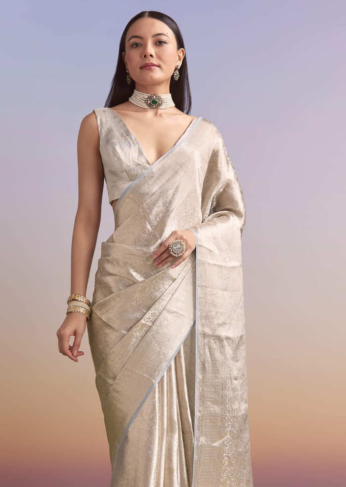 Powder Blue Chanderi Silk Woven Saree With Zari Embroidery