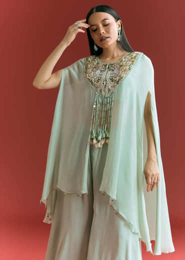 Powder Blue Chinon Cape Suit With Zardosi Thread And Moti Work