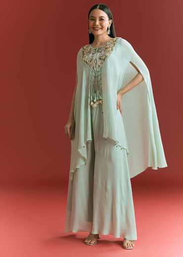 Powder Blue Chinon Cape Suit With Zardosi Thread And Moti Work