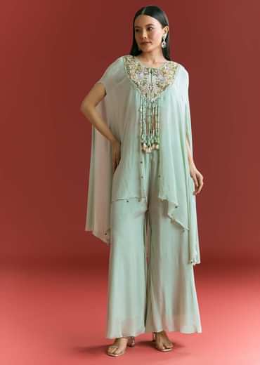 Powder Blue Chinon Cape Suit With Zardosi Thread And Moti Work
