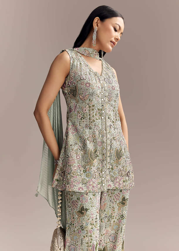 Powder Blue Georgette Palazzo Suit With Sequins And Resham Work Powder Blue Georgette Palazzo Suit With Sequins And Resham Work