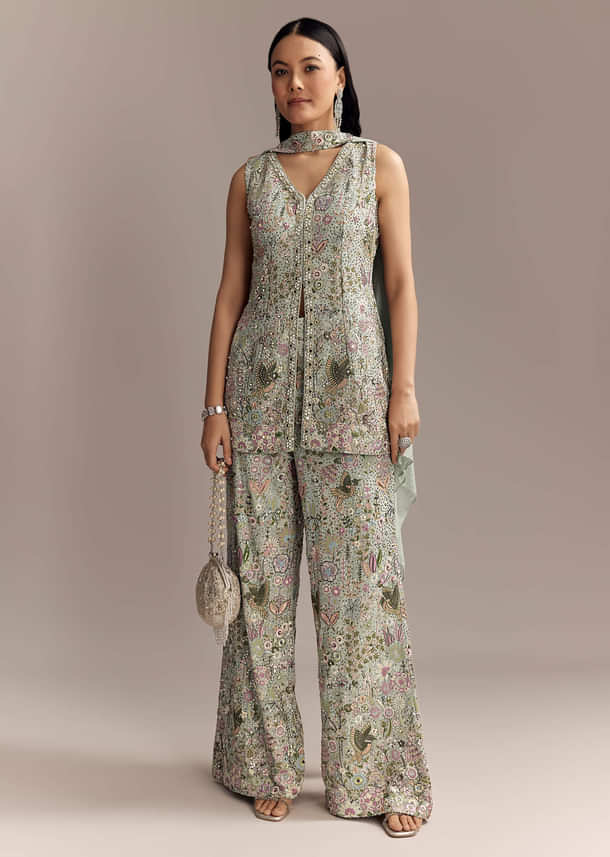 Powder Blue Georgette Palazzo Suit With Sequins And Resham Work Powder Blue Georgette Palazzo Suit With Sequins And Resham Work